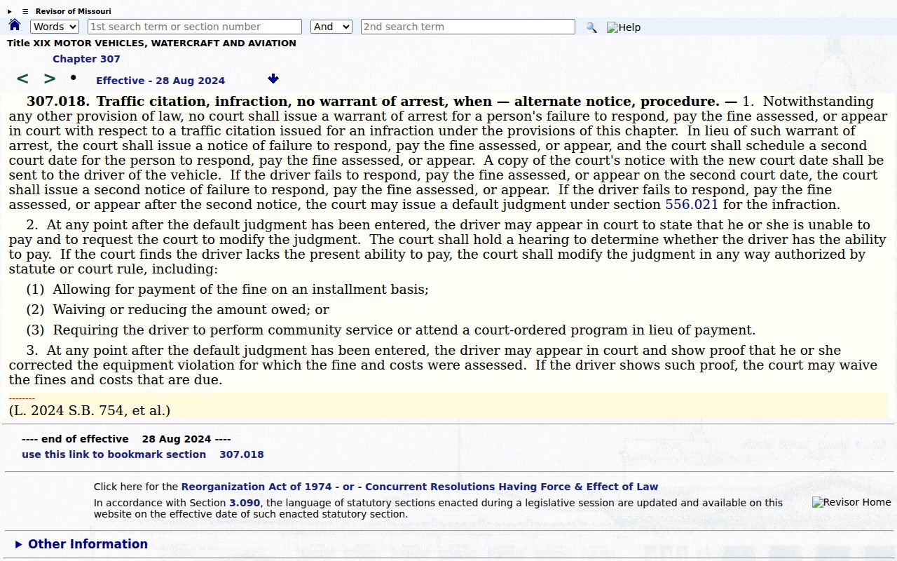 Missouri traffic infraction statute relevant to Dade County court warrants